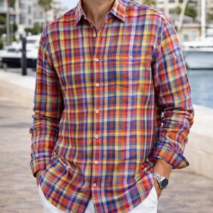 Bugatchi Uomo Multicolor‎ Plaid Linen Shirt – Shaped Fit (Men’s L–XL)